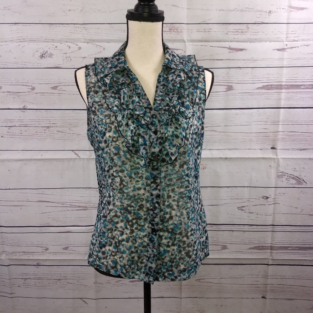 Tahari Turquoise Ruffled Front Sleeveless Blouse